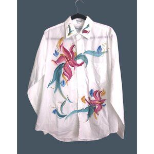 CREATIVE ARTWEAR- WOMENS WHITE FLORAL LONG SLEEVE BUTTOM FRONT SHIRT SIZE MEDIUM